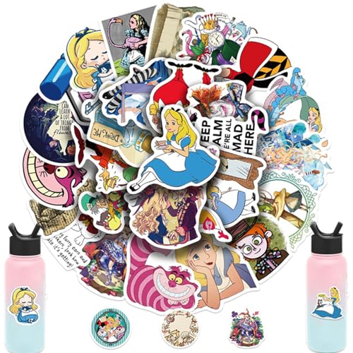 50Pcs Alice in Wonderland Stickers Pack, Cartoon American Film Vinyl Waterproof Sticker Decals for Water Bottle,Laptop,Phone,Skateboard,Scrapbooking,Gutair Gifts for Kids Teens Adults for Party Supply