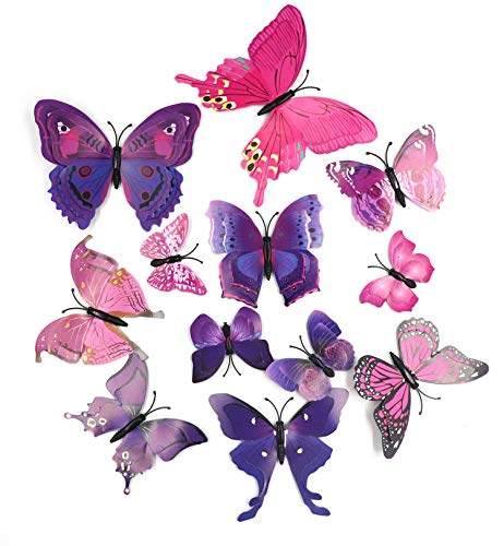 Ruwado 12 Pcs Purple Butterflies Double Wings Refrigerator Magnets Wall Decal Removable Sticker Decoration for Home Kitchen Kids Room Bedroom Office Theme Parties Classroom Window Décor (Purple)