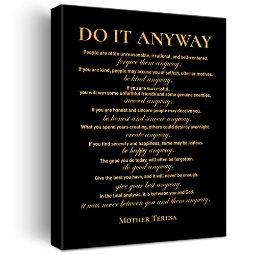 Inspirational Gold Foil Canvas Wall Art Positive Do It Anyway Mother Teresa Quote Print Framed Canvas Painting Artwork Home Decor Gifts 12x15 Inch