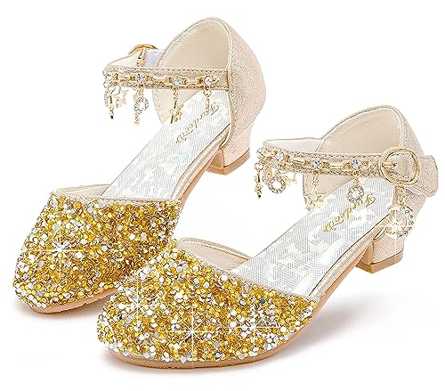 Furdeour Girls Sandals Princess Gold Little Kid Flower Girls Wedding High Heels Size 13(2902Gold 13)