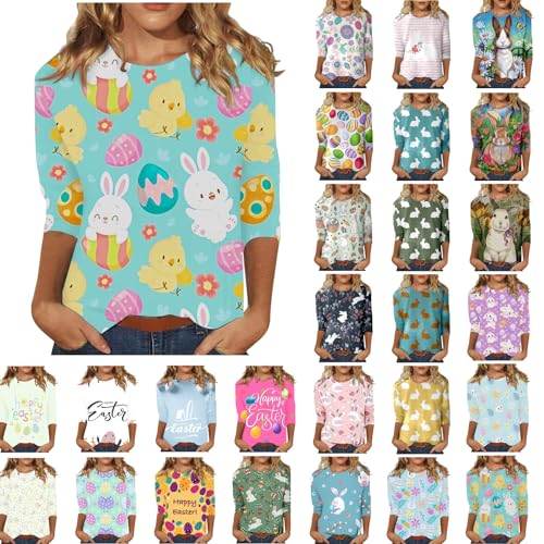 Clearance of Sales Easter Shirts for Women 2024 Funny Bunny Print Graphic Tshirts Workout 3/4 Length Sleeve Tunic Tops Plus Size Dressy Casual Blouse Crew Neck Cute Eggs Tees