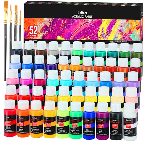 Caliart Acrylic Paint Set With 4 Brushes, Easter Basket Stuffers for Teens, Gifts for Teen Gifts Trendy Stuff, 52 Colors (59ml, 2oz) Art Craft Paints for Artists Kids Adults
