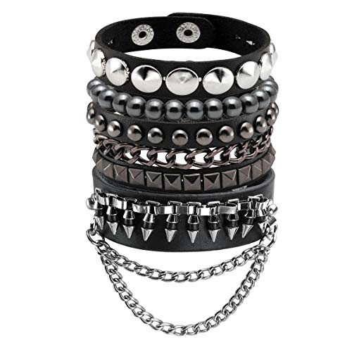 Eigso Punk Leather Cuff Bracelets for Men Women 80s Retro Hematite Rock Spikes Metal Cuff Wristband Set Adjustable for Man Woman