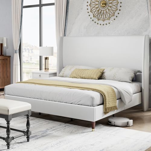 PaPaJet Queen Platform Bed Frame 51.2' High Headboard Tall Upholstered Bed/No Box Spring Required/Wood Slat Support/Easy Assembly White