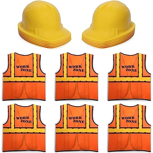 BLUE PANDA 6 Set Construction Worker Costumes for Kids - Vests and Hats for Construction Theme Birthday Dress-Up Party