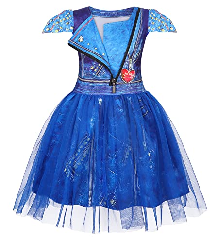 AmzApparel Descendants 3 Evie Costumes for Girls Dragon Popular Musical Cosplay Dress Up Kids Princess Fancy Dresses Halloween Outfits Size 4T (7-8 Years, Blue, 130)