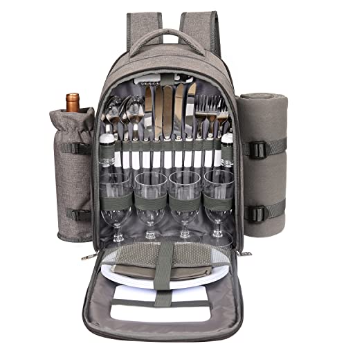Hap Tim Picnic Basket Backpack for 4 Person with Blanket, Wine Holder, Cooler Compartment, Cutlery Set, for Couples, Ideas, Engagement Gifts, Gray (3065-G)