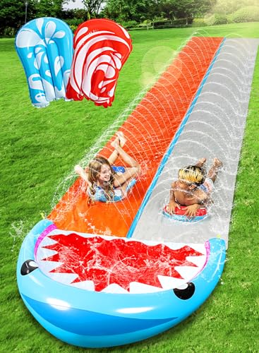 Sloosh 22.5ft Water Slides with 2 Inflatable Boards Backyard Outdoor Lawn Slip Waterslide 2 Sliding Racing Lanes with Sprinklers Summer Toy, Shark