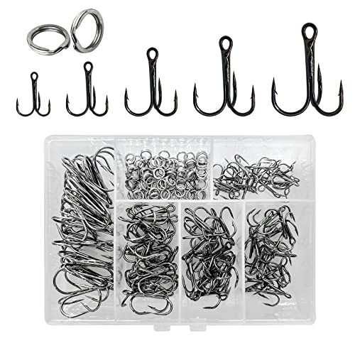 UperUper 200 Pack Fishing Treble Hooks Kit High Carbon Steel Hooks Strong Sharp Round Bend with Split Rings for Lures Baits Saltwater Freshwater Fishing Size 2# 4# 6# 8# 10#
