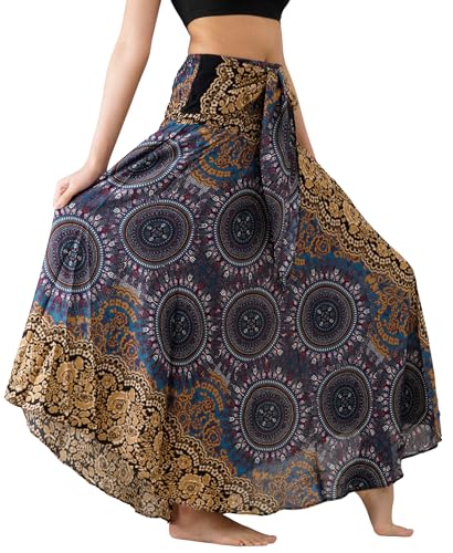 Long Skirts for Women Maxi Boho Skirt Hippie Clothes Bohemian Print (Bohorose Grey, One Size)