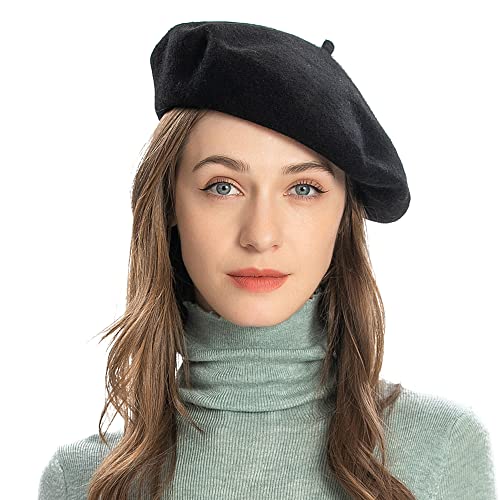 ZLYC Wool French Beret Hat Solid Color Beret Cap for Women Girls (Black)