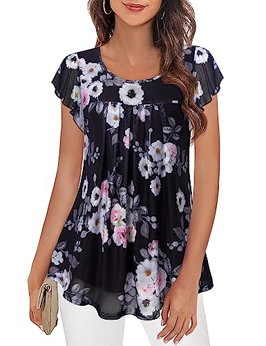 Furnex Tunics for Women,Dressy Blouses for Women Casual Ruffle Tunic Tops for Women Loose Fit Short Sleeve Blouse Business Pleated Shirt for Women Layered Blouse Floral Top Summer Multicolor Black XXL