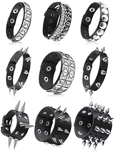Hicarer 9 Pieces Spiked Studded Bracelet Black Leather Rivet Punk Bracelet Cuff Wrap Bangle Snap Button Metal Wristband for Men Women (Classic Style)