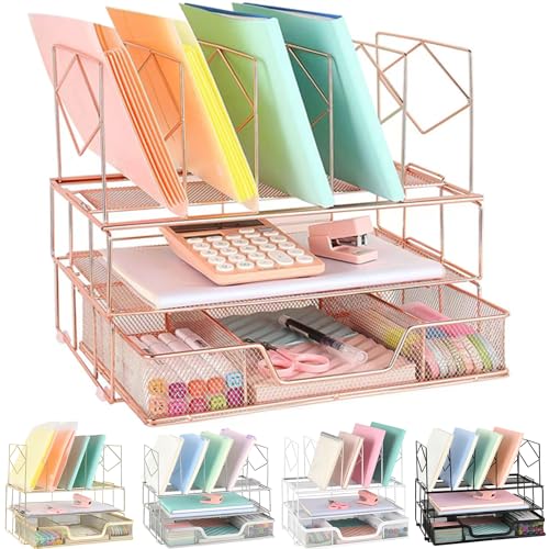 Youbetia Desk Organizers and Desk Accessories - Rose Gold Desk Organizer with File Sorters, File Organizer with Drawer, Desk Accessories & Workspace Organizers for Office Supplies