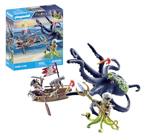Playmobil 71419 Pirates: Battle with The Giant Octopus, Octopus with Water-Spraying Function and Functioning Cannon, Fun Imaginative Role Play, playsets Suitable for Children Ages 4+