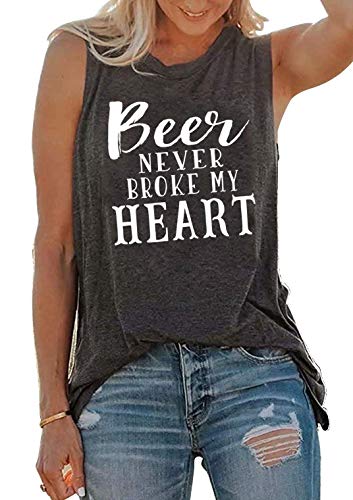 MEETSKY Beer Never Broke My Heart Tank Tee Women Letter Print Casual Summer Vacation Tshirt Beer Tank Camis (Medium, Grey)