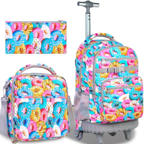 3PCS Rolling Backpack for Women, 19 Inches Travel Roller Bookbag with Wheels, Teen Girls College Backpacks Wheeled - Donuts