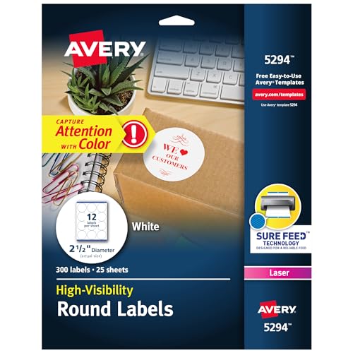 Avery High Visibility Printable Round Labels with Sure Feed, 2.5' Diameter, White, 300 Customizable Blank Labels Total (5294)
