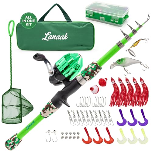 Lanaak Kids Fishing Pole and Tackle Box - with Net, Travel Bag, Reel and Beginner’s Guide - Rod and Reel Kit for Boys, Girls, or Youth (Green)