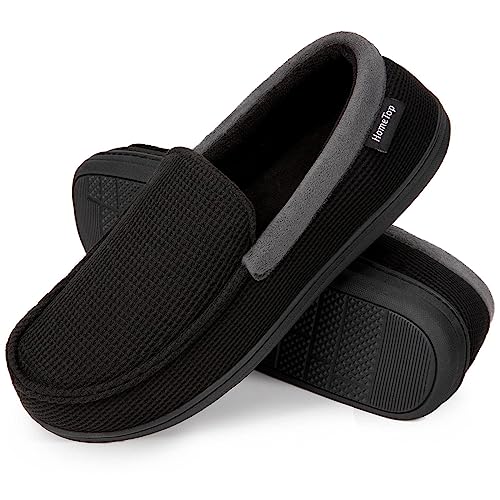 Men's Comfort Memory Foam Moccasin Slippers Breathable Cotton Knit Terry Cloth House Shoes (10 D(M) US, Black)