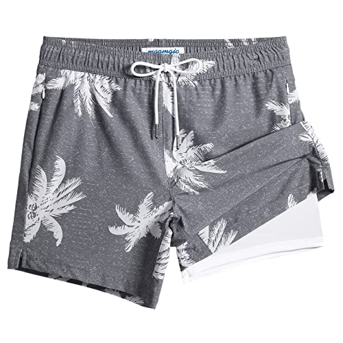 maamgic Mens Swim Trunks with Compression Liner 5' Stretch Beach Shorts Quick Dry with Zipper Pockets No-Chafing Board Shorts Gray-Palm Tree L