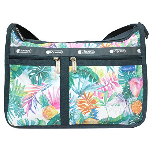 LeSportsac Lauren Roth Uluwehi HAWAII EXCLUSIVE Deluxe Everyday Crossbody Bag + Cosmetic Bag, Style 7507/Color K605, Vibrant Tropical Flowers & Pineapples, Lauren Roth Signature Printed on Pattern