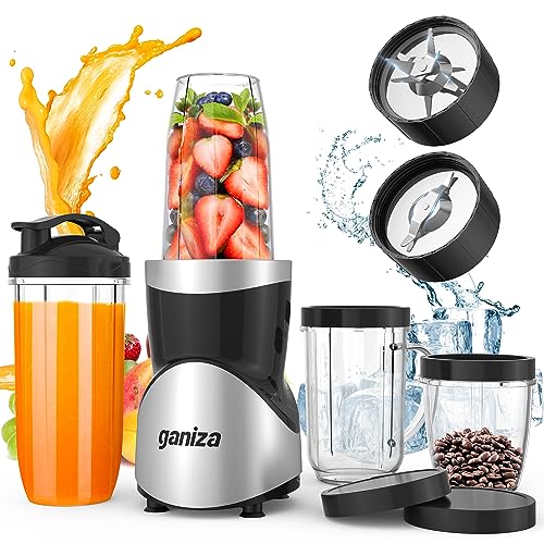 Ganiza Smoothie Blender, Blender for Shakes and Smoothies, 15-Piece Personal Blender and Grinder Combo for Kitchen, Smoothies Maker with 4 BPA-Free Portable Blender Cup, Nutritious Recipe, MAX 900W