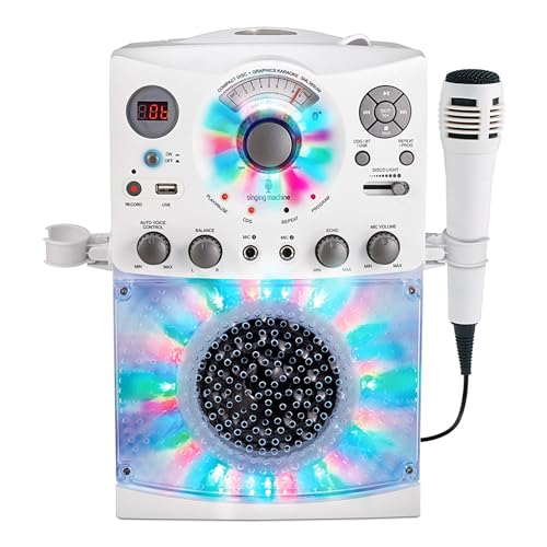 Singing Machine Portable Karaoke Machine for Adults & Kids with Wired Microphone, White - Built-In Speaker, Bluetooth with LED Disco Lights - Karaoke System with CD+G Player & USB Connectivity