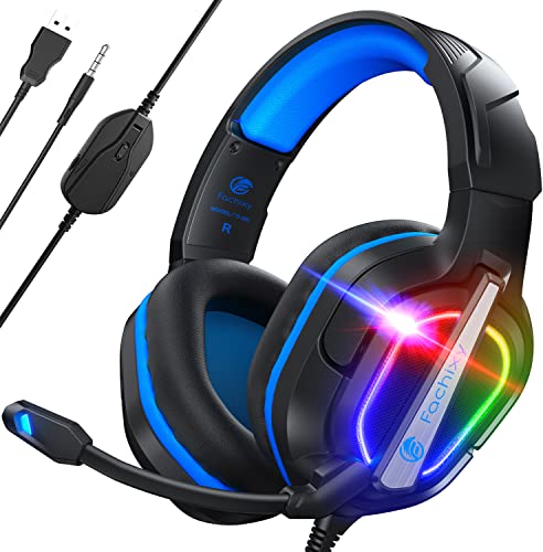 Fachixy「2024 New」FC200 Gaming Headset for PS4/PS5/PC/Xbox One, Noise Canceling Headset with Stereo Microphone Sound, Computer Headset with 3.5mm Jack & RGB Light