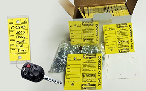 Donkey Key Tags, Laminated Self-Protecting (250 Tags Per Box with Metal Rings) (Yellow)