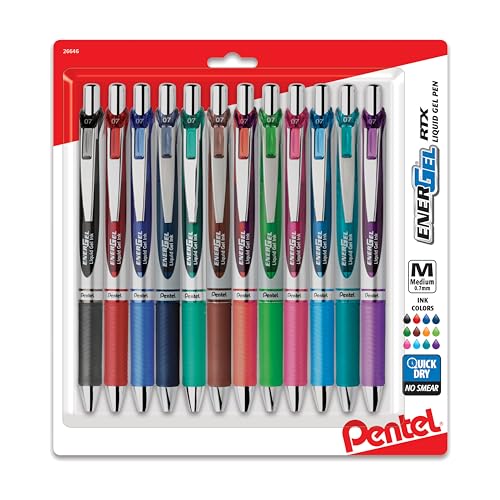 Pentel EnerGel RTX Retractable Liquid Gel Pens, Medium Point, 0.7 mm, Assorted Colors, Pack Of 12 Pens