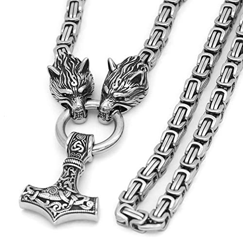 GuoShuang Men Stainless Steel Wolf Head Norse Viking Amulet Thor Mjolnir Necklace King Chain with Valknut Gift Bag (28 INCH)