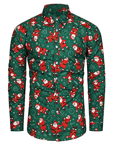 TUNEVUSE Holiday Season Gift-Mens Christmas Shirt Novelty Ugly Santa Claus Long Sleeve Funny Button Down Shirt for Party Green 3X-Large