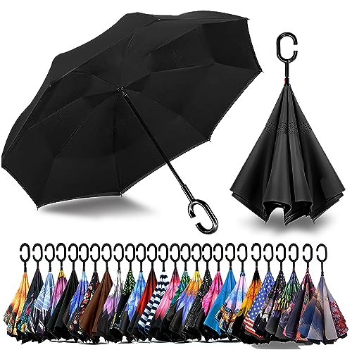 SIEPASA 40/49/56/62 Inch Inverted Reverse Upside Down Umbrella, Extra Large Double Canopy Vented Windproof Waterproof Stick Umbrellas with C-shape Handle.(Black, 56 Inch)