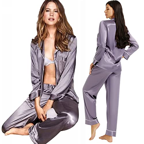 Lonxu Womens Silk Satin Pajamas Set Gray M