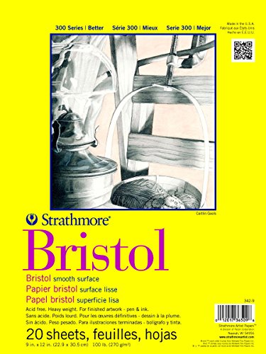 Strathmore 300 Series Bristol Paper Pad, Smooth, Tape Bound, 9x12 inches, 20 Sheets (100lb/270g) - Artist Paper for Adults and Students - Markers, Pen and Ink