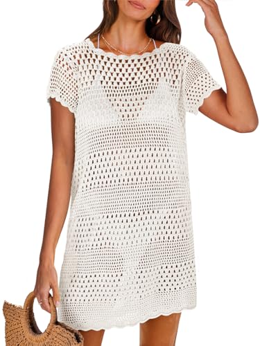 ANRABESS Cover Ups for Swimwear Women Swimsuit Coverup Crochet Swim up Beach Tops Fishnet Bikini Dresses Bathing Suit Cute Dress 2024 Spring Summer Hollow Out Clothes White B1074baise-XL