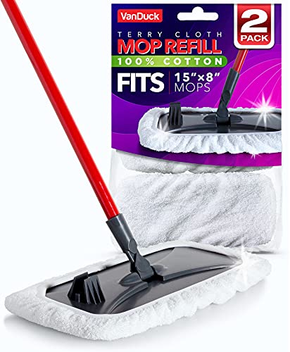VanDuck 100% Cotton Pad Terry Cloth Mop Refills 15x8 inches, 2 Pack (Mop is Not Included)