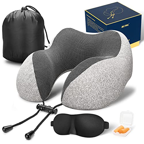 MLVOC Travel Pillow 100% Pure Memory Foam Neck Pillow, Comfortable & Breathable Cover - Machine Washable, Airplane Travel Kit with 3D Sleep Mask, Earplugs, and Luxury Bag, Grey