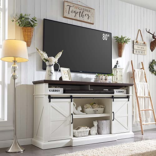 SinCiDo Farmhouse TV Stand for 80 Inch TVs, 39' Tall Entertainment Center w/Double Sliding Barn Door, Large Media Console Cabinet w/Soundbar & Adjustable Shelves for Living Room, 70inch, White