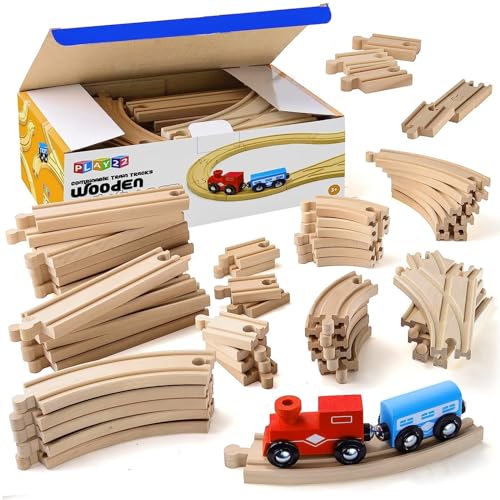 Play22 Wooden Train Tracks - 52 PCS + 2 Bonus Car Toy Trains - for Kids is Compatible with Thomas Wooden Railway Systems and All Major Brands - Original