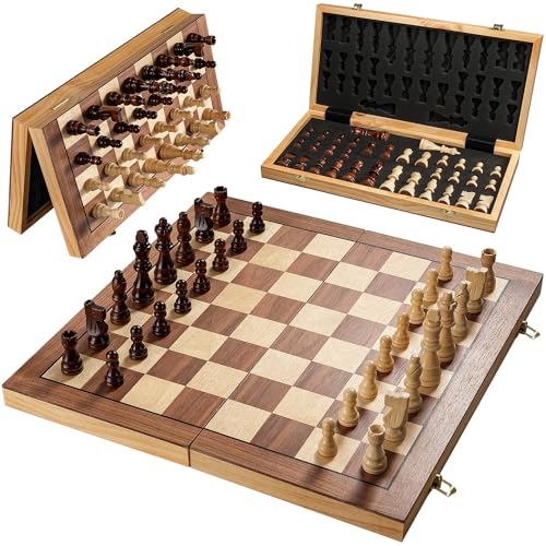 Magnetic Chess Board Set for Adults & Kids, 15' Wooden Folding Chess Boards, Handcrafted Portable Travel Chess Game with Pieces Storage Slots