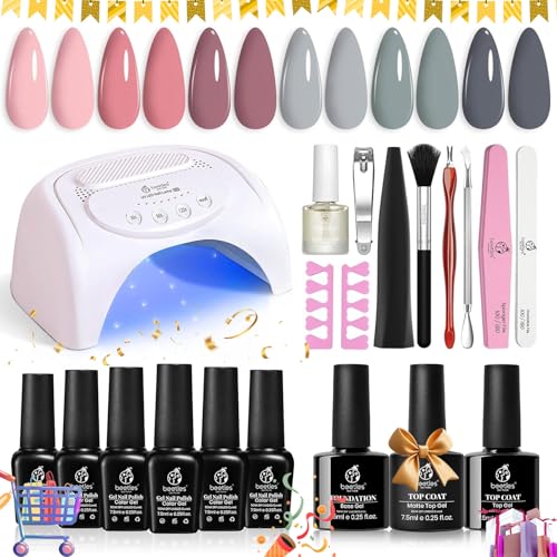 Beetles Gel Nail Polish Kit with Uv Light 48W Led Nail Lamp 6 Colors Nude Gray Pink Gel Polish Starter Kit Manicure Soak off Led Salon DIY Home Gift for Girls