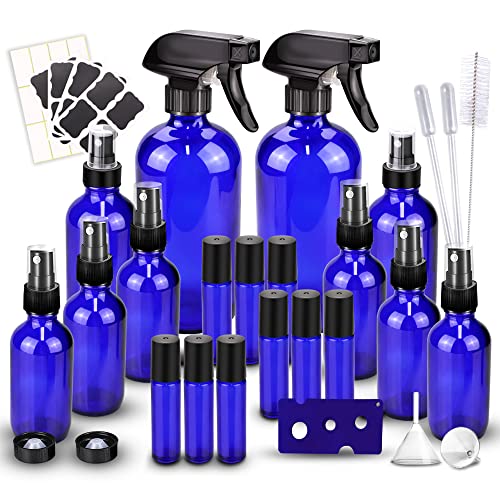 Loretoy Glass Spray Bottle Kit×10 (2×16oz, 2×4oz, 6×2oz), 9×10ml Roller Bottles, Anti UV, Multi Size and Versatile, Suitable for Aromatherapy, Facial Moisturizing, Watering, etc.(Blue