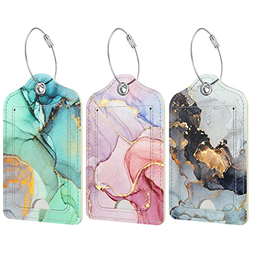 Rimilak 3 Pcs PU Leather Luggage Tags for Suitcase, Travel Cruise Luggage Tag with Privacy Flap, Name ID Label and Metal Loop for Women Men Baggage Handbag School Bag Backpack, Sunset Marble