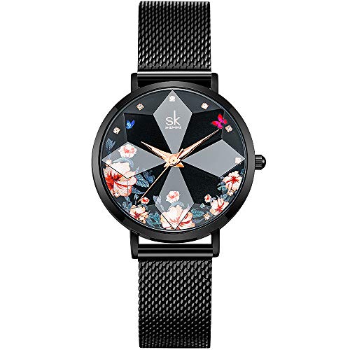 SHENGKE Creative Starry Star Women Watch with Stainless Steel Mesh Band Genuine Leather Elegant Luxury Ladies Watches (Flower-Mesh Band-Black)