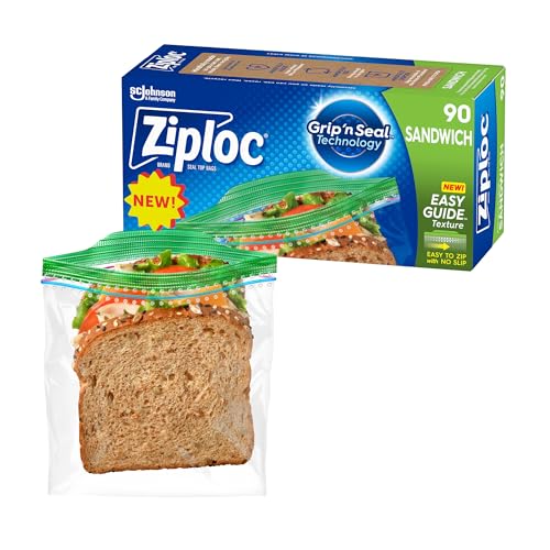 Ziploc Sandwich Bags with EasyGuide Texture, Plastic Storage Bags with Grip 'N Seal Technology, 90 Count