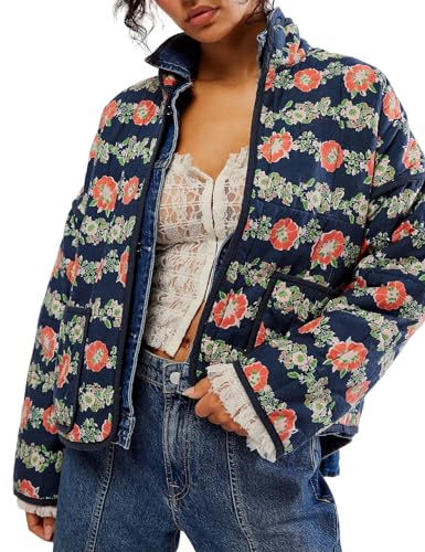 Wyeysyt Women's Cropped Puffer Jacket Lightweight Floral Print Long Sleeve Padded Quilted Puffy Cardigan Coat (Navy-S)