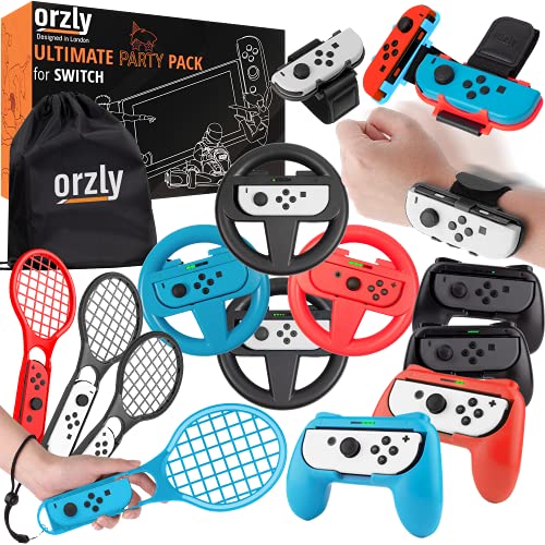 Orzly Sports Family Party Pack Accessories Bundle Designed for Nintendo Switch and OLED Console Games with Tennis Badminton Rackets, Controller Grips, Wheels & Wrist Dance Bands - with Carry Sack