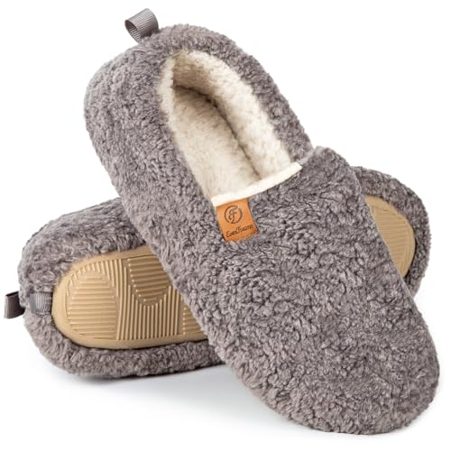 EverFoams Women’s Soft Curly Full Slippers Memory Foam Lightweight House Shoes Cozy Loafer with Polar Fleece Lining Grey,9-10 US